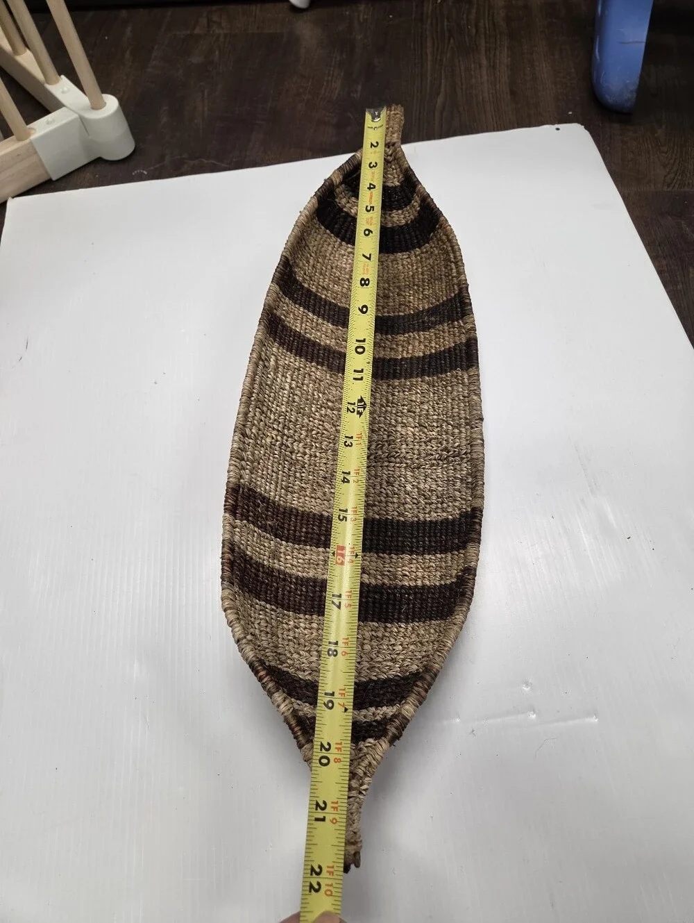 Vintage Hand Woven African Boat Shaped Basket Tray Striped Boho Wall Art Decor 2